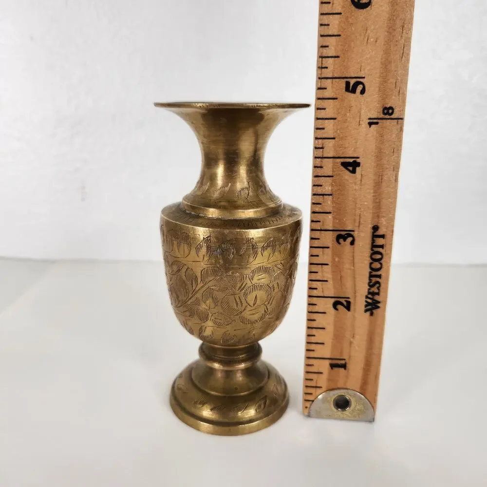 VTG Etched Brass Bud Vase Floral Design Made in India Boho Mediterranean
